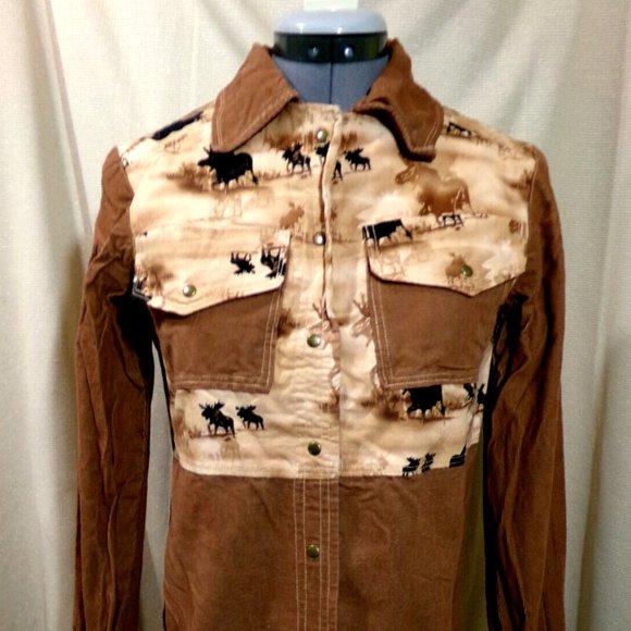 Western Snap up Shirt Jacket XS Brown Siennas Moose scene Corduroy Southwestern - Picture 2 of 7